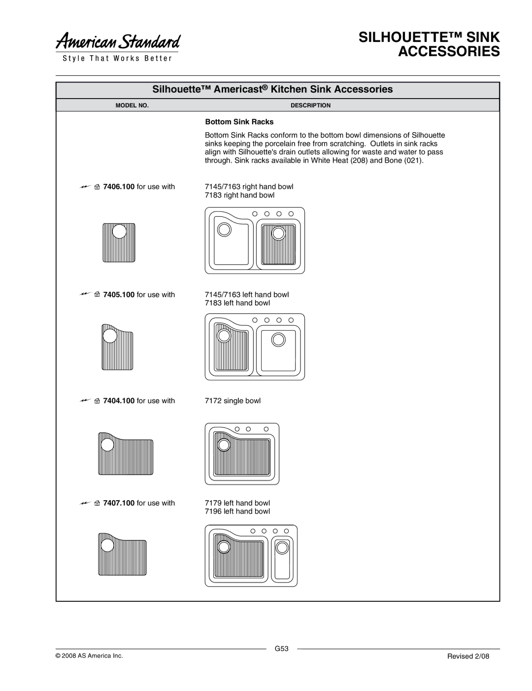 American Standard 7405.100, 7407.100 dimensions Silhouette Sink Accessories, Silhouette Americast Kitchen Sink Accessories 