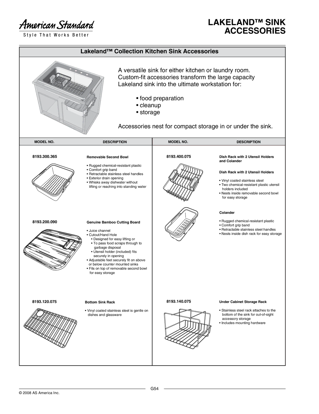 American Standard 7406.100, 7407.100, 7405.100 Lakeland Sink Accessories, Lakeland Collection Kitchen Sink Accessories 