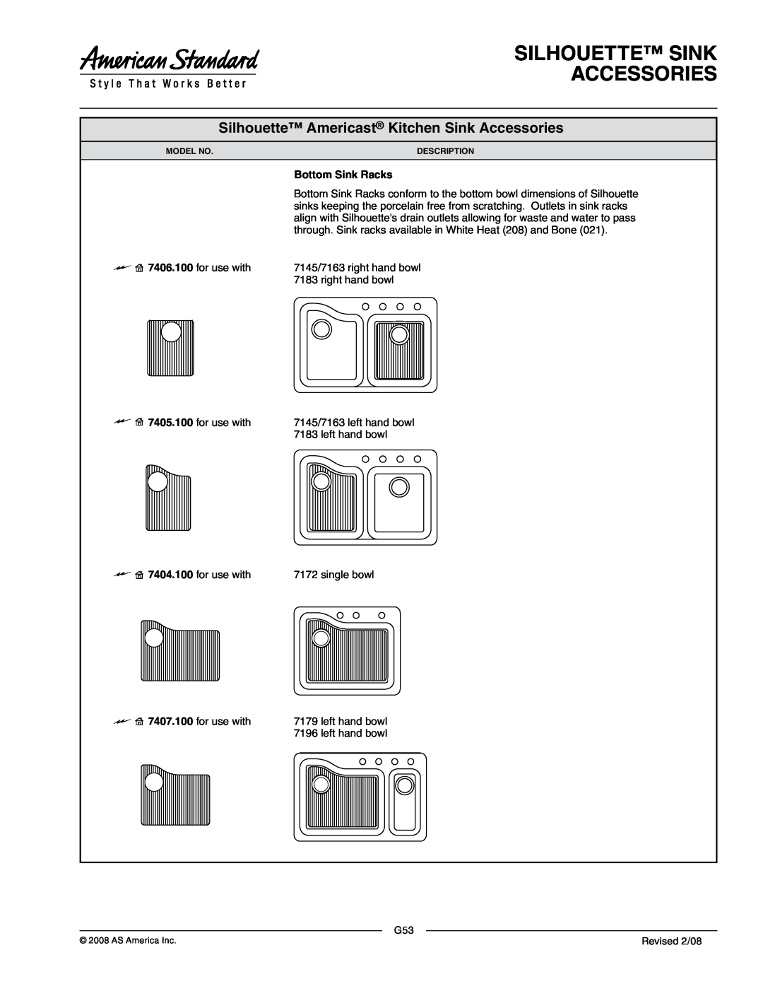 American Standard 7405.100, 7407.100 dimensions Silhouette Sink Accessories, Silhouette Americast Kitchen Sink Accessories 