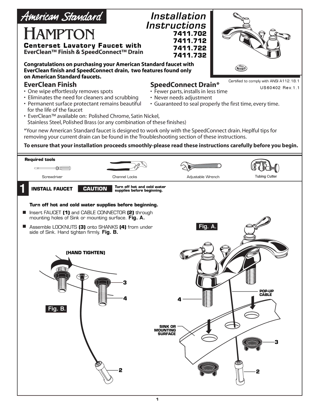 American Standard 7411.722, 7411.732, 7411.702, 7411.712 installation instructions Installation Instructions, Install Faucet 