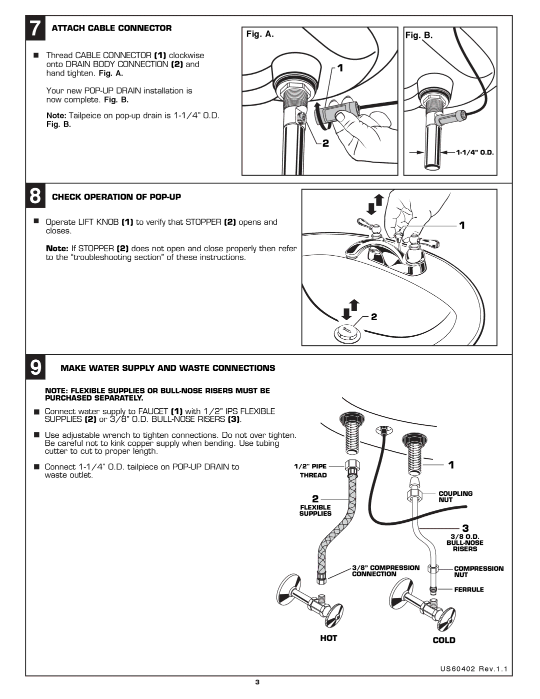 American Standard 7411.712 Attach Cable Connector, Check Operation of POP-UP, Make Water Supply and Waste Connections 