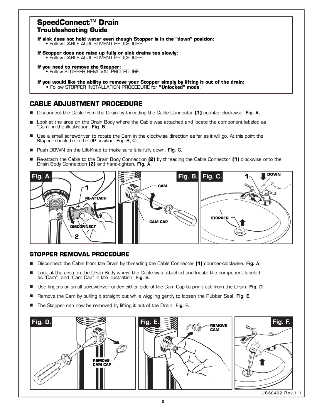 American Standard 7411.722, 7411.732, 7411.702, 7411.712 installation instructions SpeedConnect Drain 