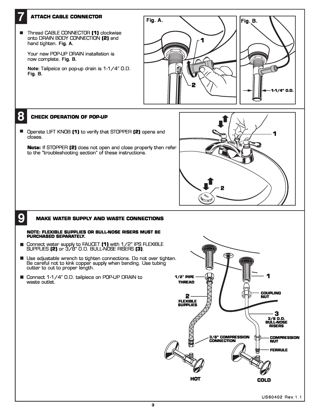 American Standard 7411.712, 7411.732, 7411.722 Fig. A, Fig. B, Attach Cable Connector, Check Operation Of Pop-Up, Hotcold 