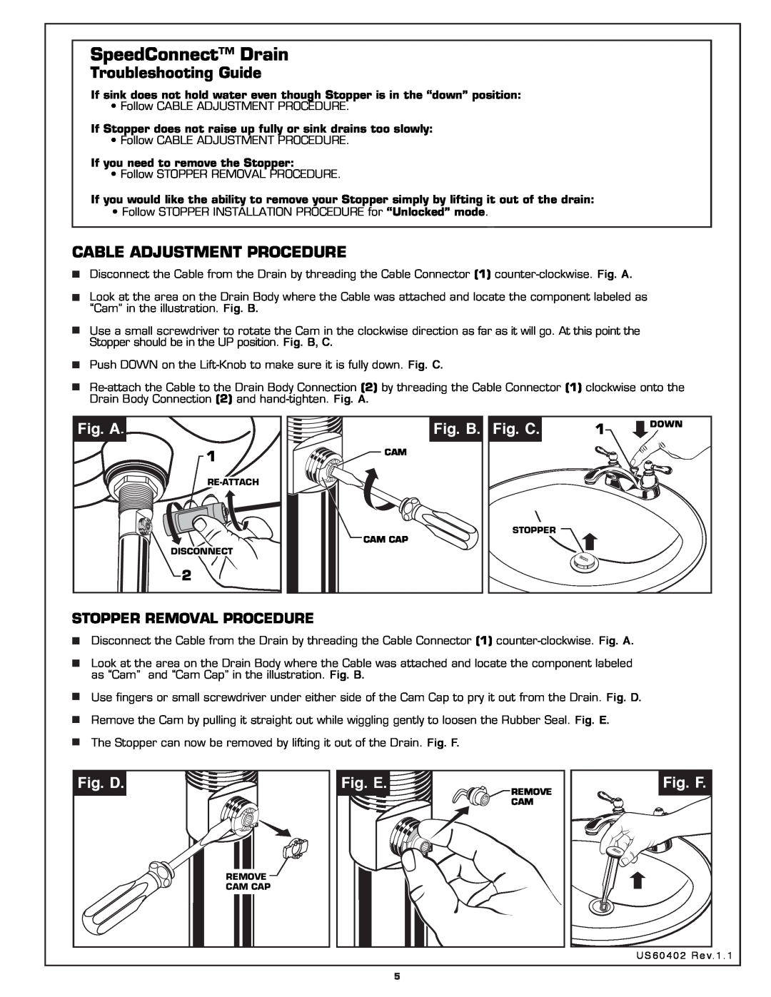 American Standard 7411.722 Troubleshooting Guide, Cable Adjustment Procedure, Fig. A, Fig. B, Fig. C, Fig. D, Fig. E 