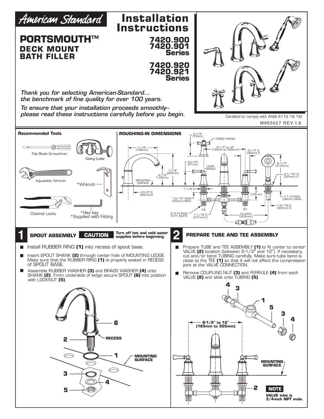 American Standard 7420.9 installation instructions Spout Assembly Caution, Prepare Tube and TEE Assembly, Spout Base 