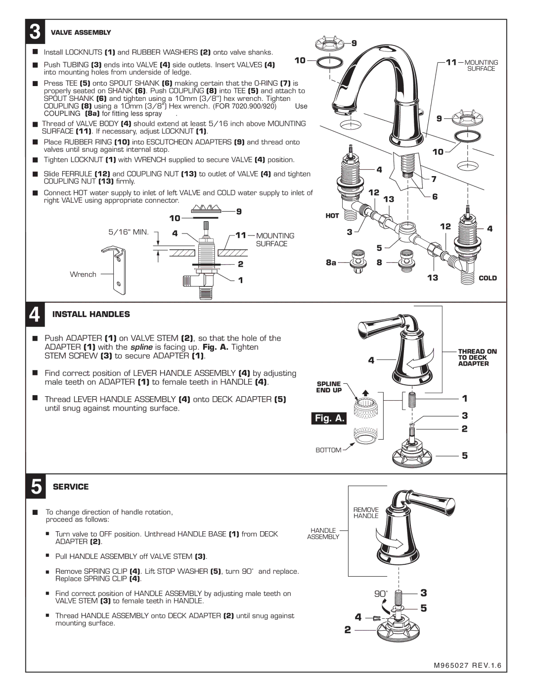 American Standard 7420.921, 7420.901 installation instructions Install Handles, Service, Mounting Surface, Adapter 