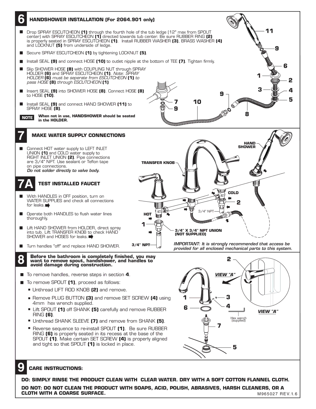 American Standard 7420.901, 7420.921 installation instructions Make Water Supply Connections, 7A Test Installed Faucet 