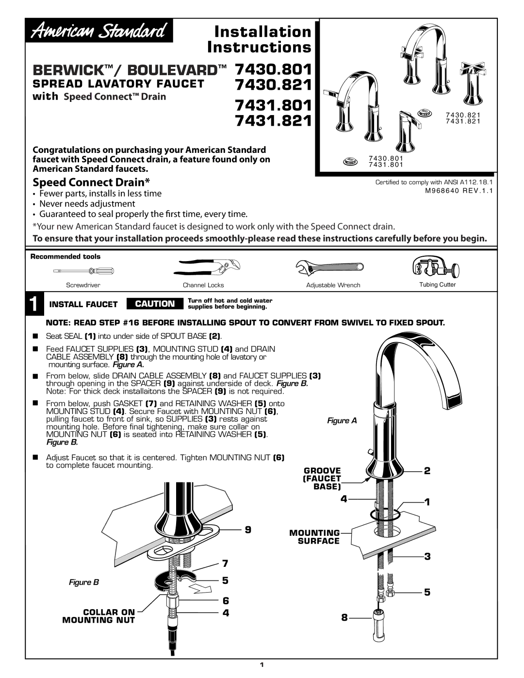 American Standard 7431.801, 7430.801, 7430.821, 7431.821 installation instructions Spread Lavatory Faucet 