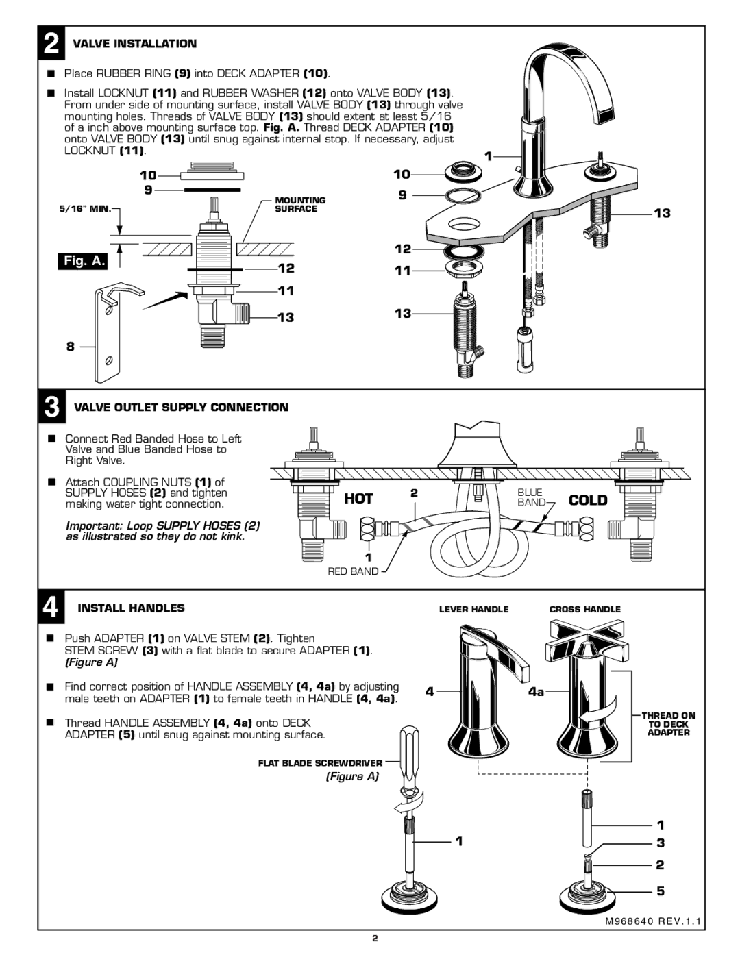 American Standard 7430.821, 7430.801 Hot, 44a, Valve Installation, Valve Outlet Supply Connection, Install Handles 