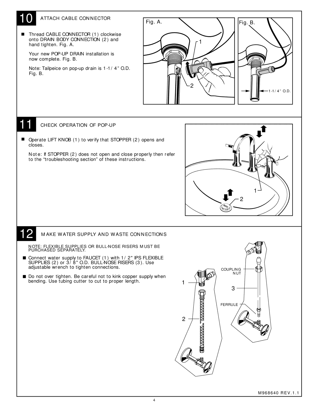 American Standard 7430.801 Attach Cable Connector, Check Operation of POP-UP, Make Water Supply and Waste Connections 