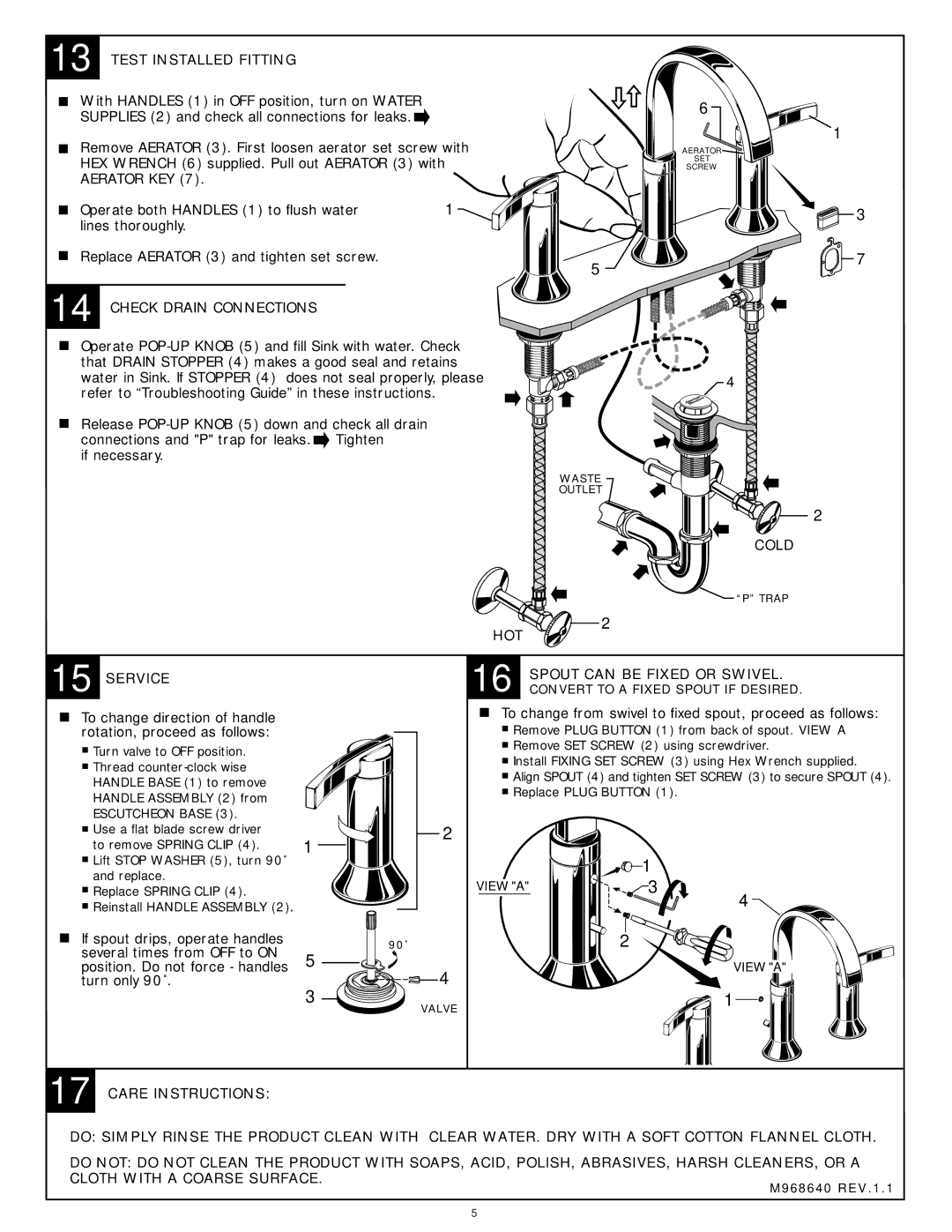 American Standard 7431.801, 7430.801, 7430.821, 7431.821 Test Installed Fitting, Aerator KEY, Check Drain Connections, Cold 