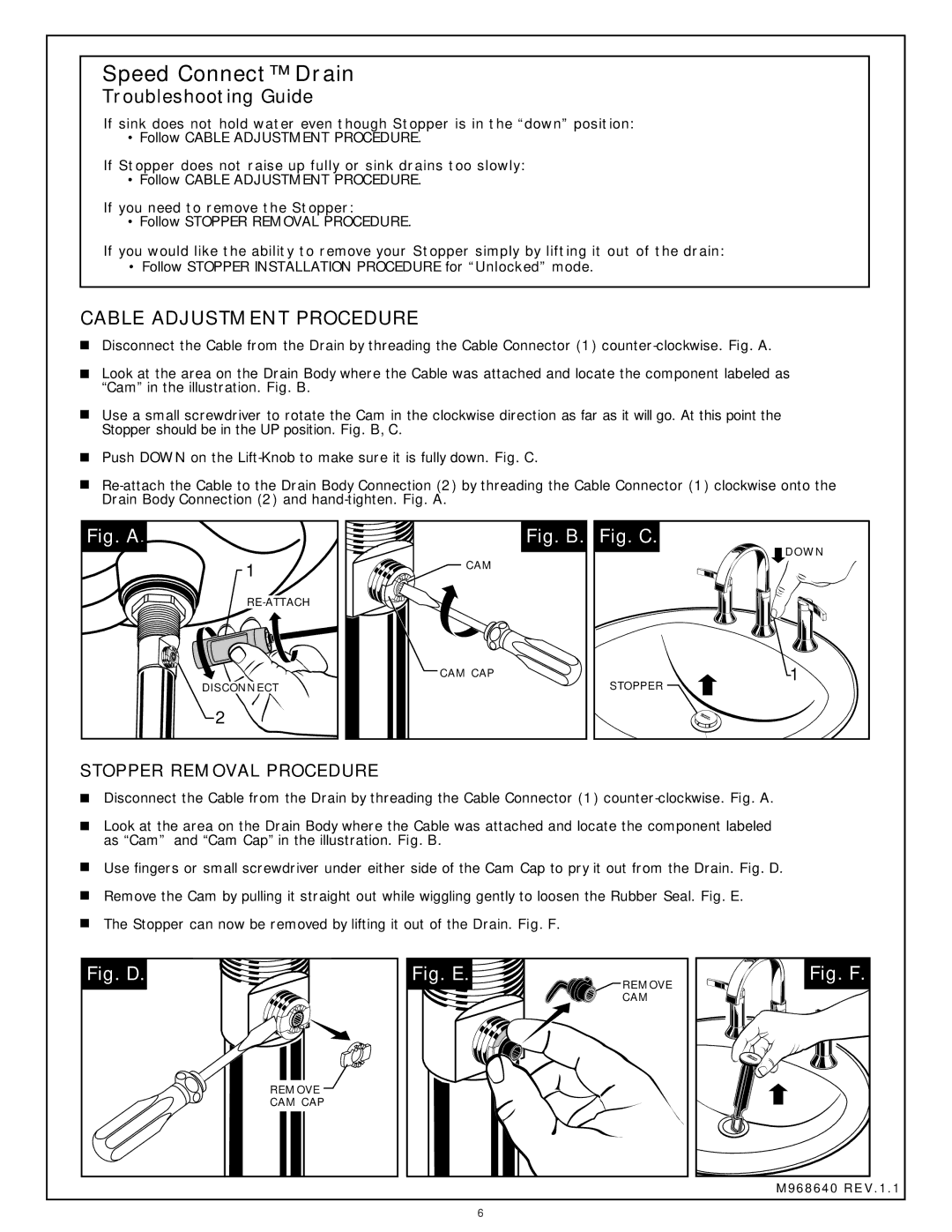 American Standard 7430.821, 7430.801, 7431.801, 7431.821 Stopper Removal Procedure, Follow Cable Adjustment Procedure 