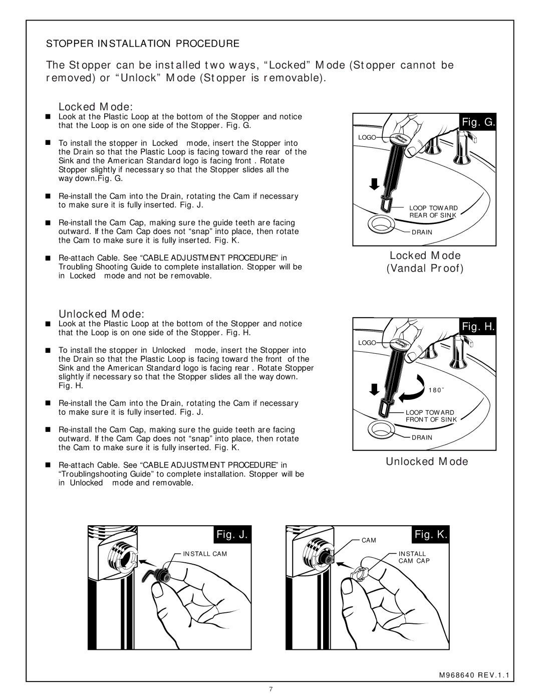 American Standard 7431.821, 7430.801, 7431.801, 7430.821 Unlocked Mode, Stopper Installation Procedure 