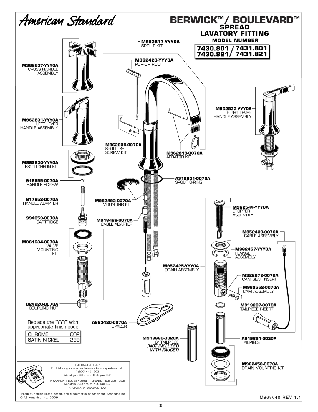 American Standard 7430.801, 7431.801, 7430.821, 7431.821 Spread, Lavatory Fitting, Model Number, Chrome, Satin Nickel 