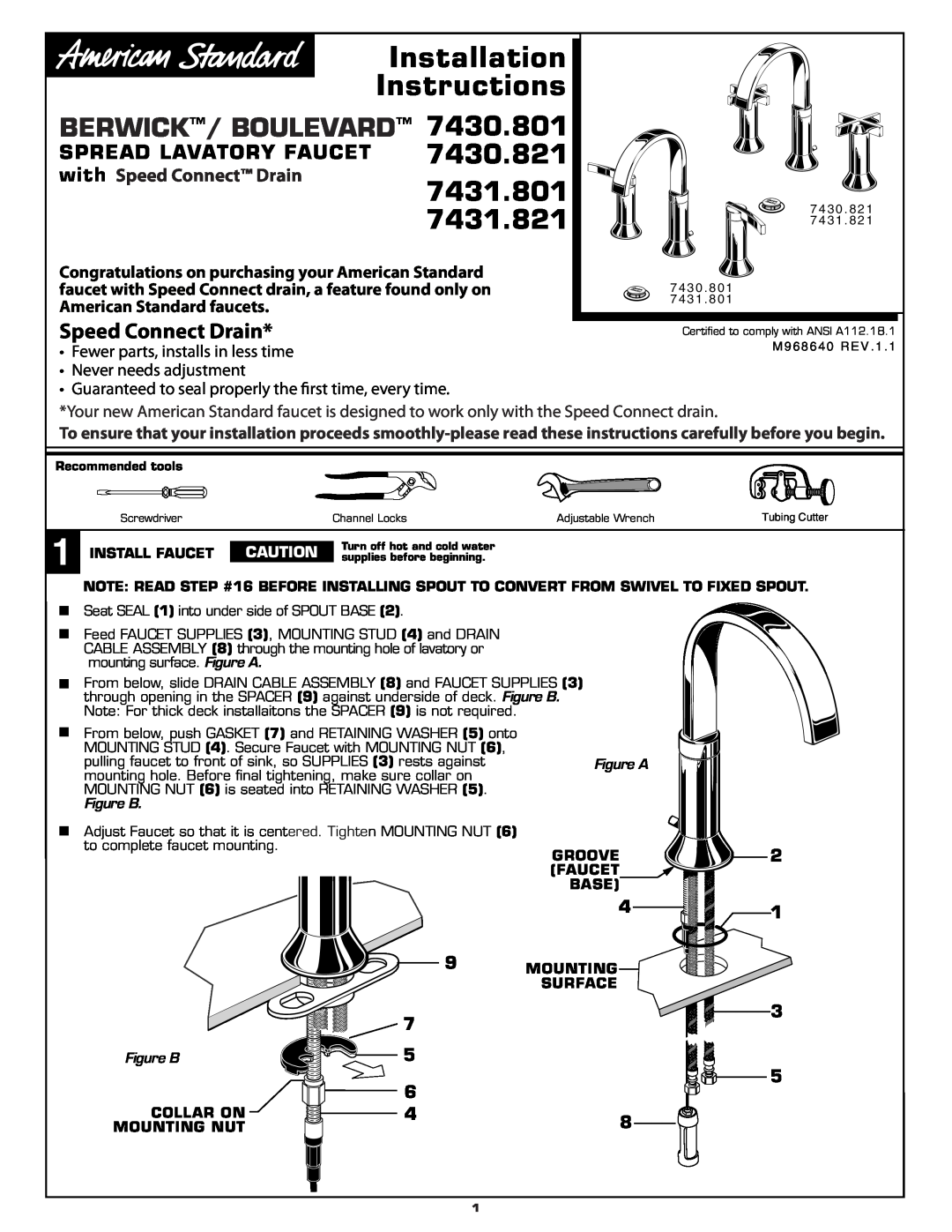 American Standard 7431.801 installation instructions Spread Lavatory Faucet, with Speed Connect Drain, Install Faucet 
