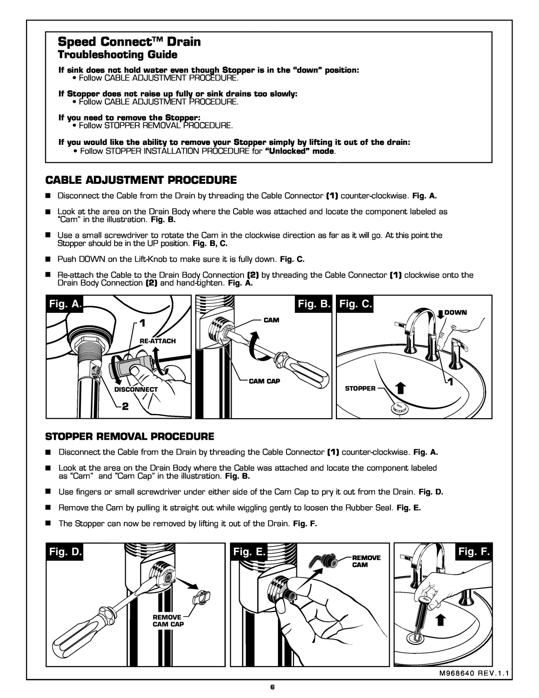 American Standard 7430.821 Troubleshooting Guide, Cable Adjustment Procedure, Fig. A, Fig. B, Fig. C, Fig. D, Fig. E 