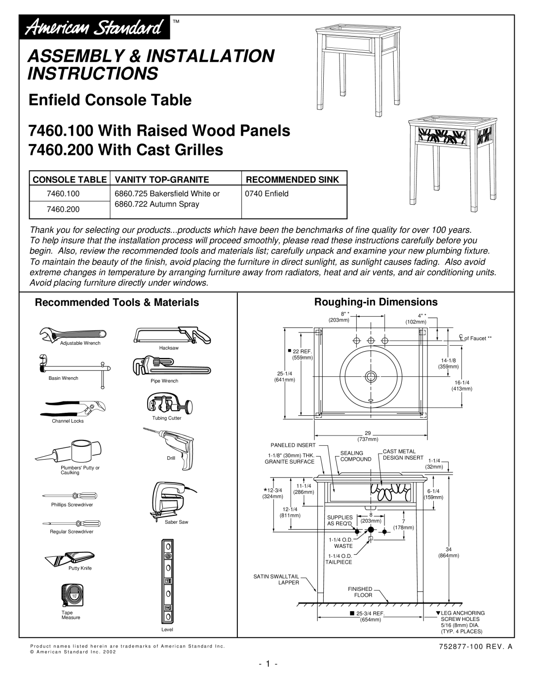 American Standard 7460.200, 7460.100 installation instructions Recommended Tools & Materials, Roughing-in Dimensions 