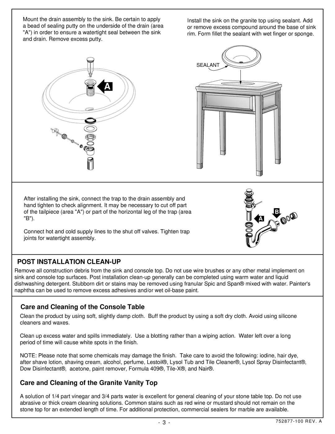 American Standard 7460.200, 7460.100 Post Installation CLEAN-UP, Care and Cleaning of the Console Table 