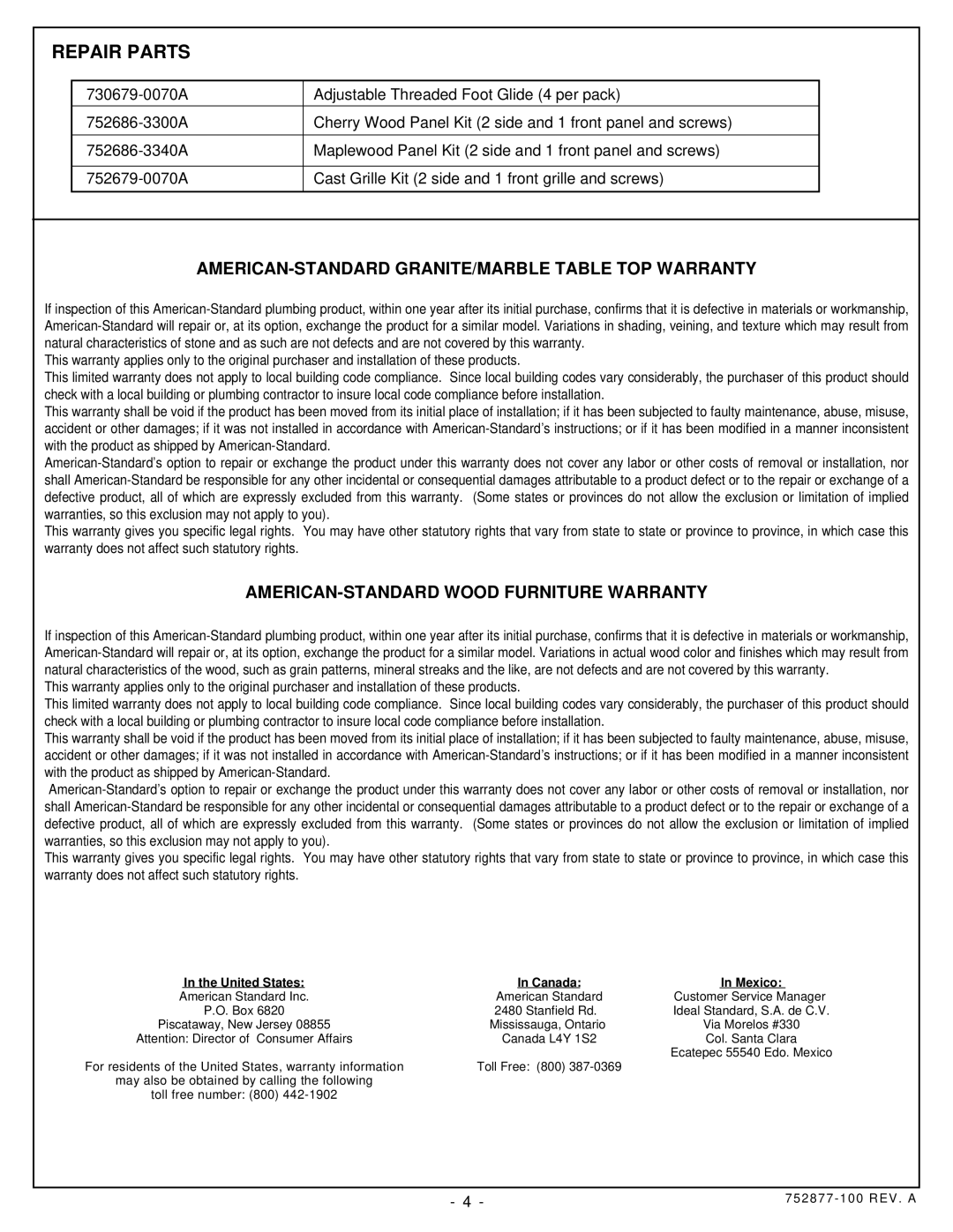 American Standard 7460.100, 7460.200 Repair Parts, AMERICAN-STANDARD GRANITE/MARBLE Table TOP Warranty 