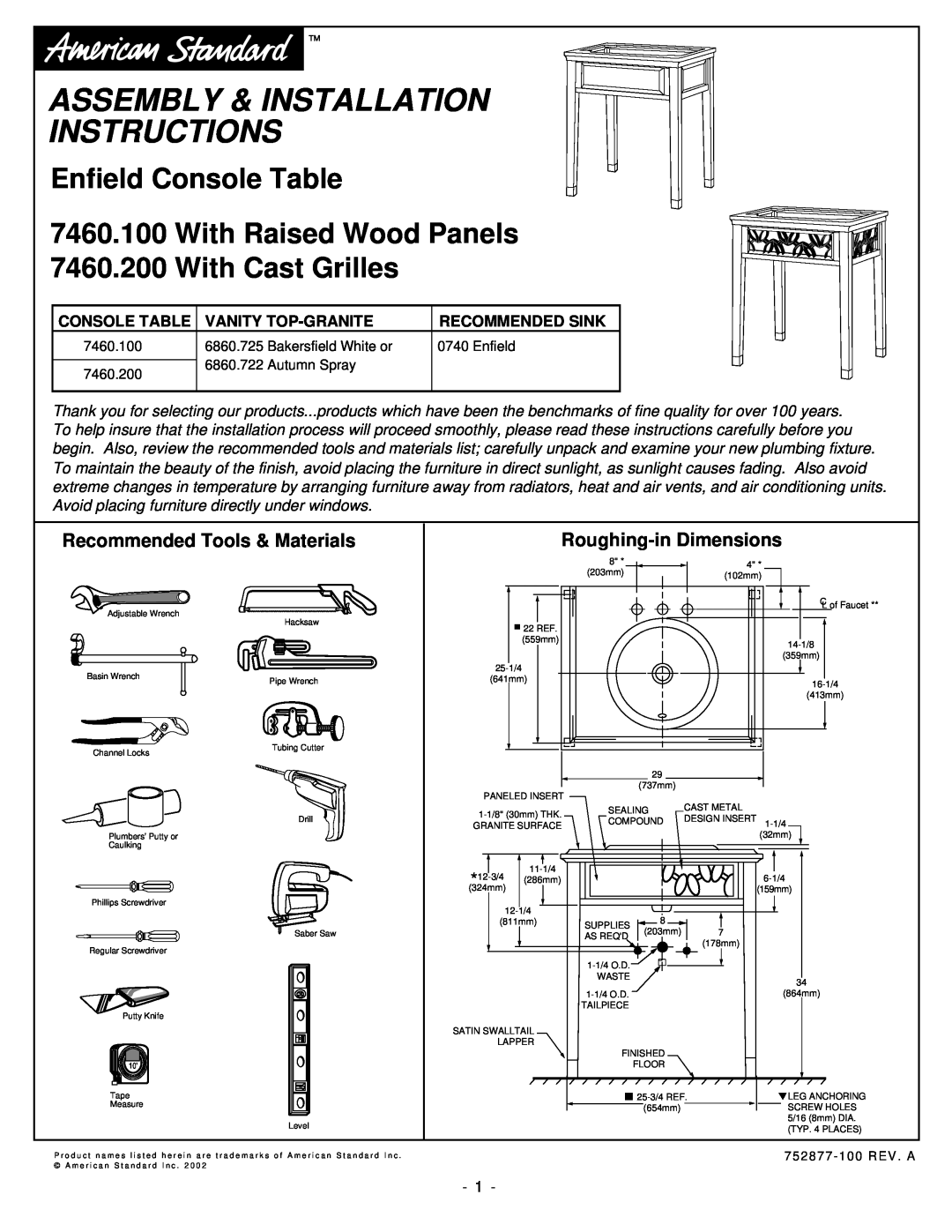 American Standard 7460.200 installation instructions Recommended Tools & Materials, Roughing-inDimensions, Console Table 