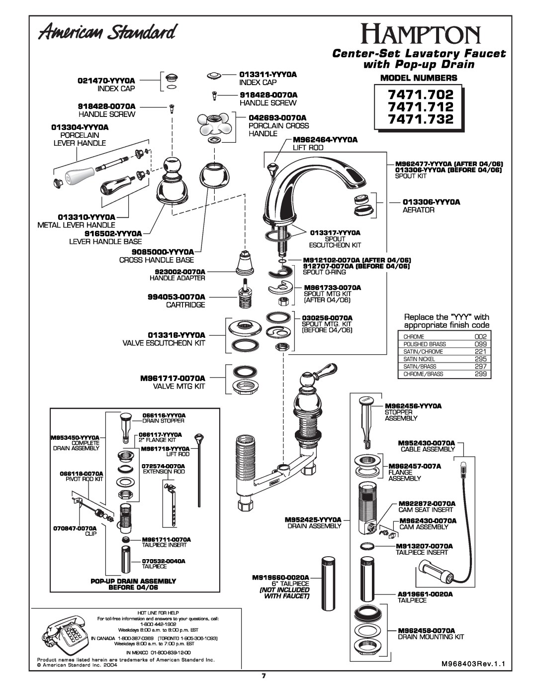 American Standard 7471.703 manual 