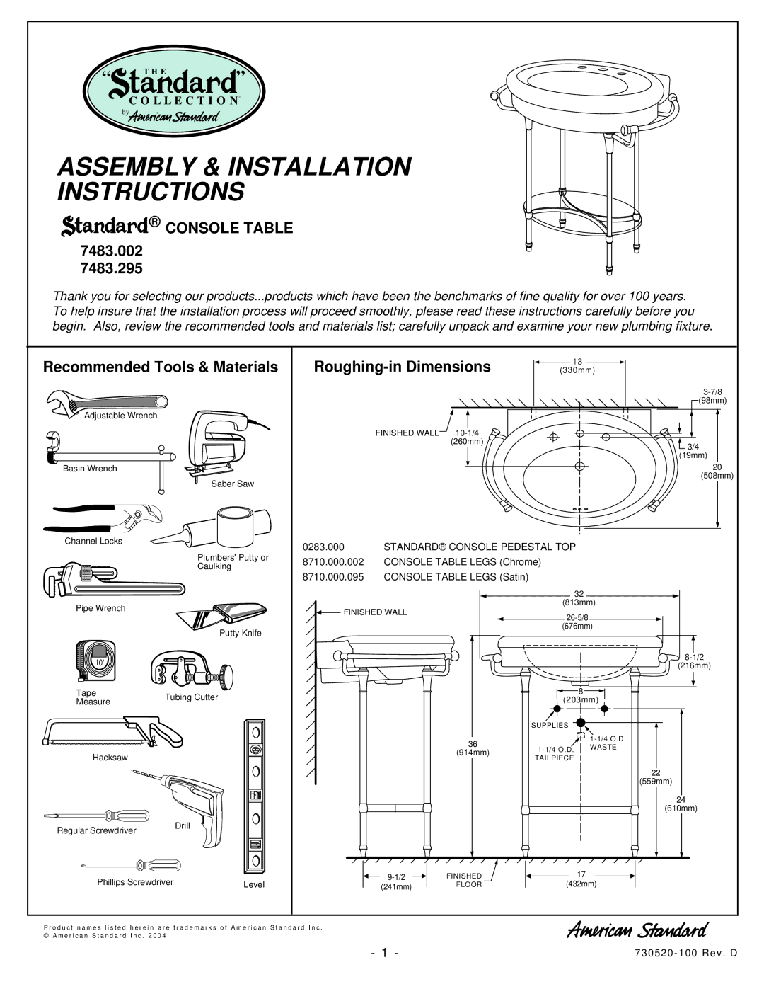 American Standard 7483.295, 7483.002 installation instructions Console Table, Standard Console Pedestal TOP 