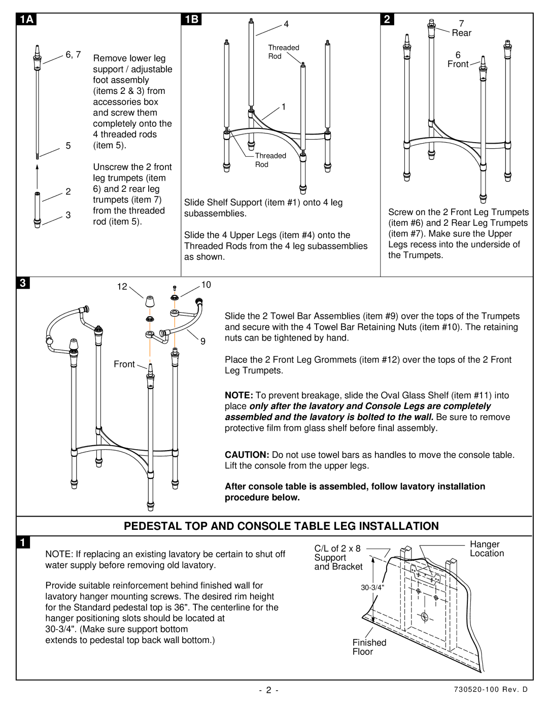 American Standard 7483.002, 7483.295 installation instructions Pedestal TOP and Console Table LEG Installation, Front 