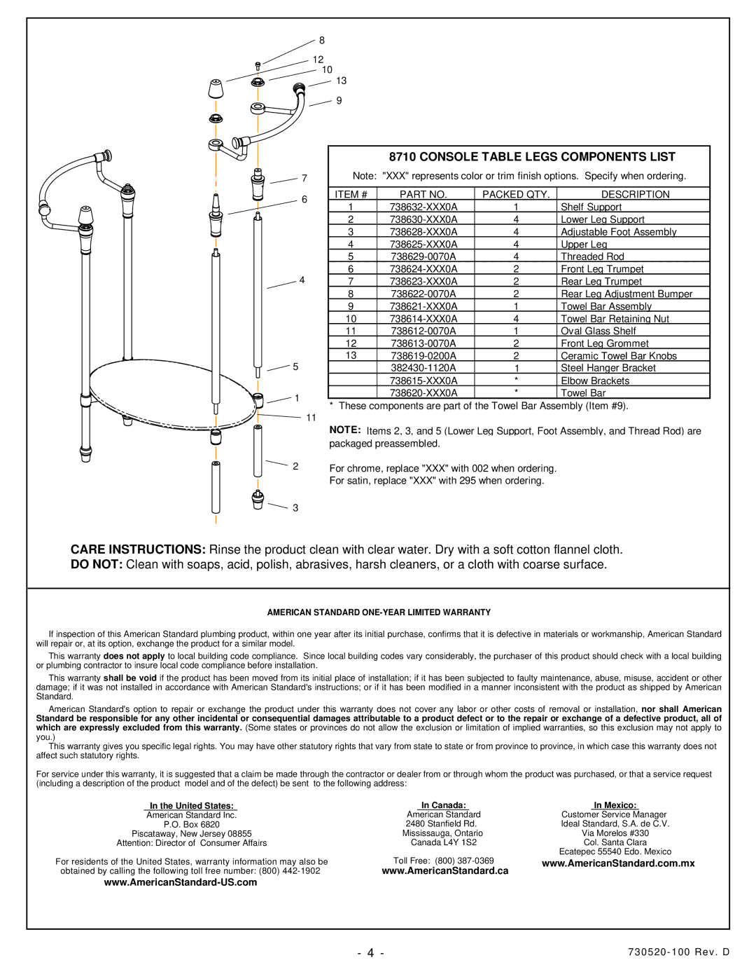 American Standard 7483.002, 7483.295 Console Table Legs Components List, Item # Packed QTY Description 