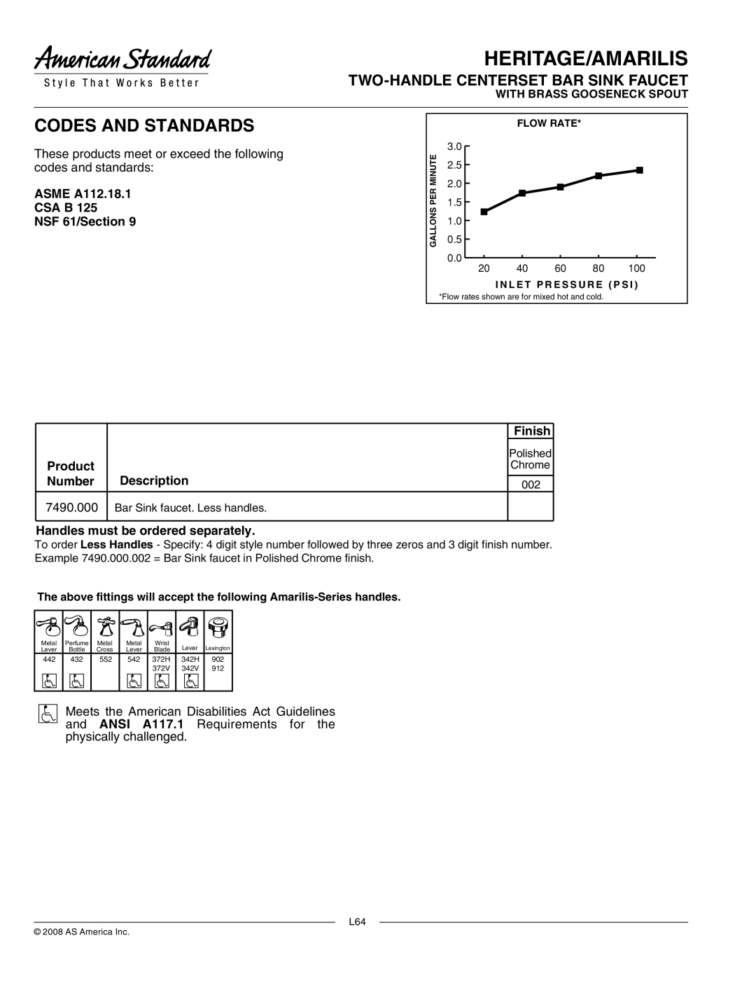 American Standard 7490.000 Codes and Standards, Asme A112.18.1 CSA B NSF 61/Section, Finish, Product Description, Number 