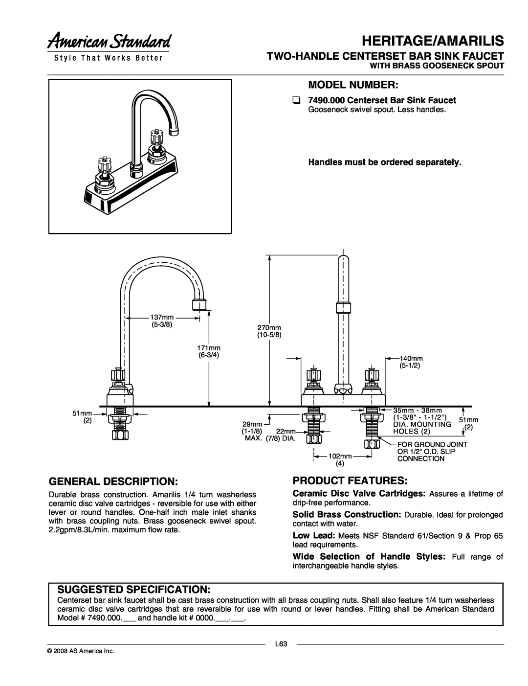 American Standard 7490.000 manual Heritage/Amarilis, Two-Handlecenterset Bar Sink Faucet, Model Number, Product Features 