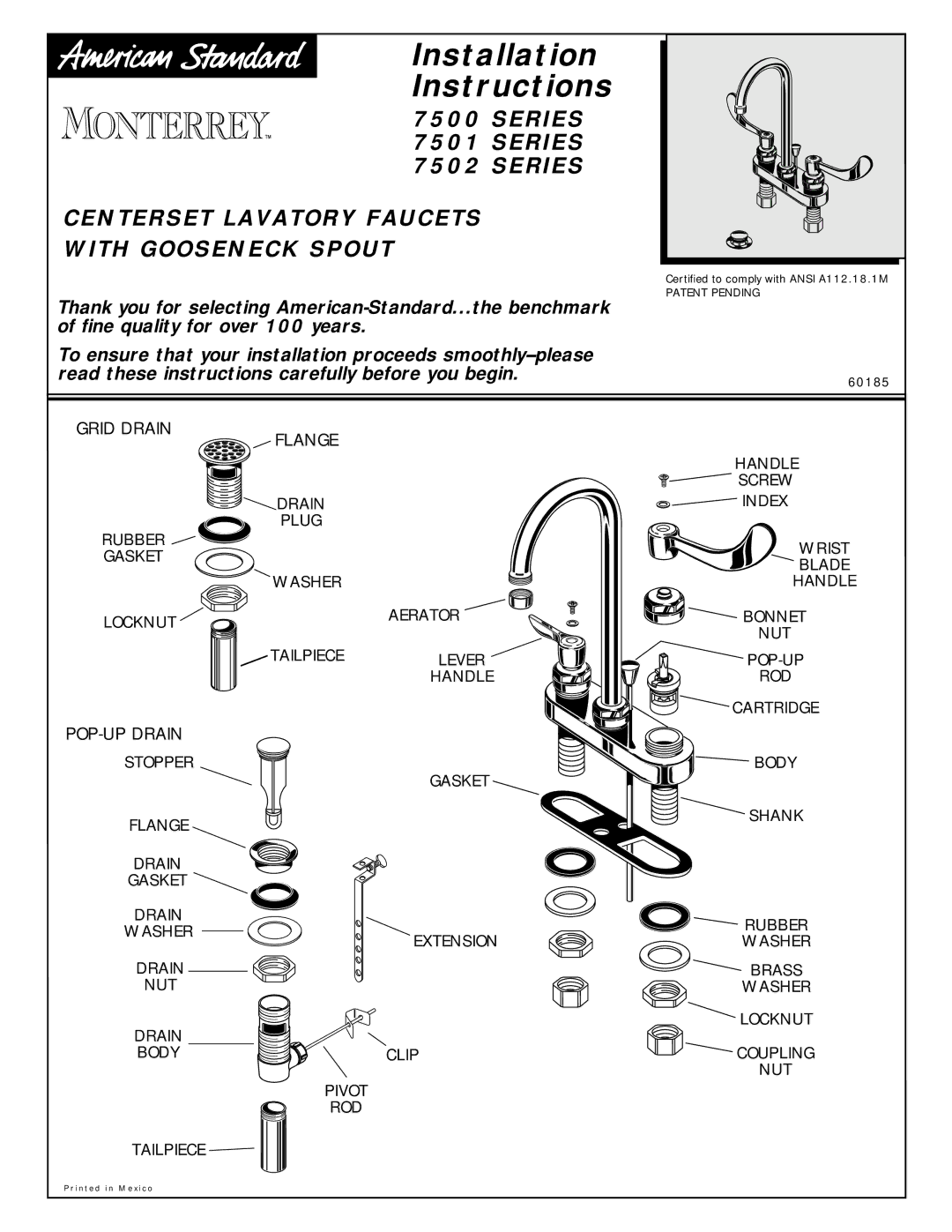 American Standard 7502 Series, 7501 Series, 7500 Series installation instructions Installation Instructions 