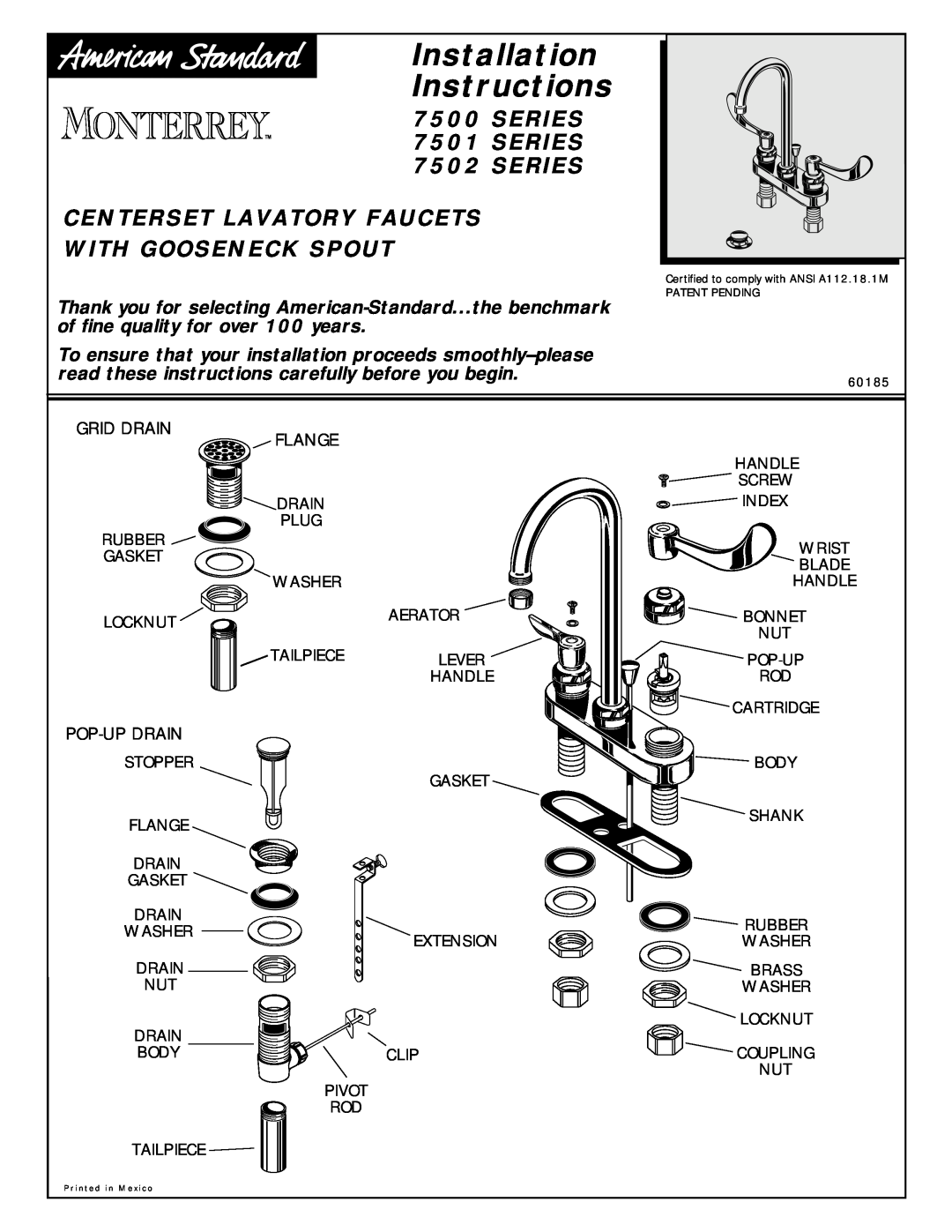 American Standard 7502 Series installation instructions Installation Instructions, SERIES 7501 SERIES 7502 SERIES 