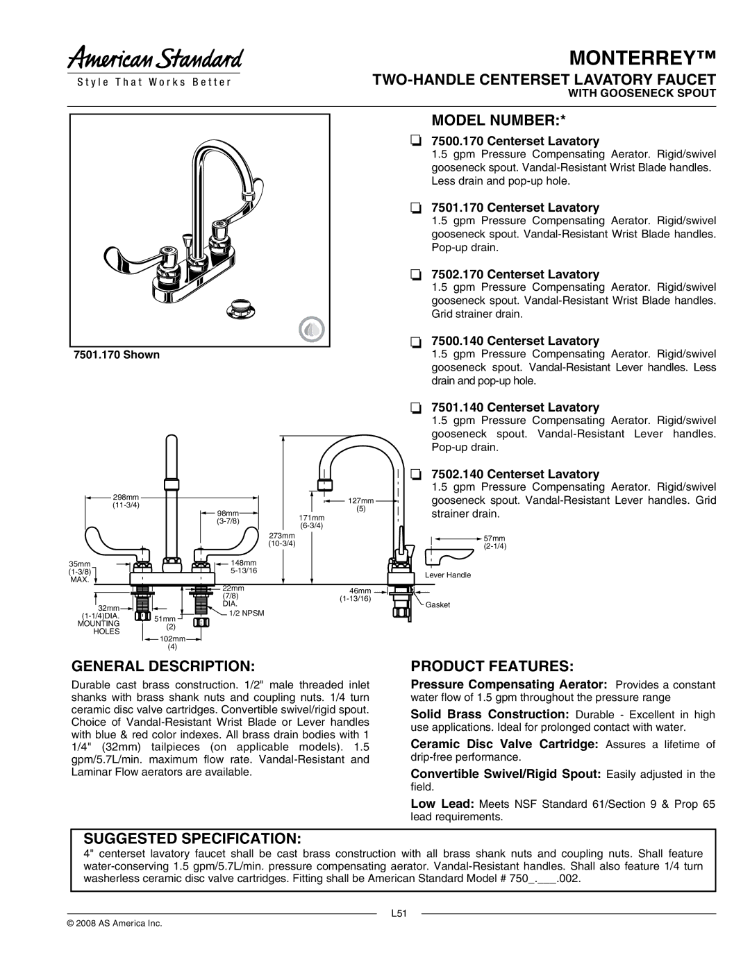 American Standard 7500.170, 7502.170 manual TWO-HANDLE Centerset Lavatory Faucet, Model Number, General Description 