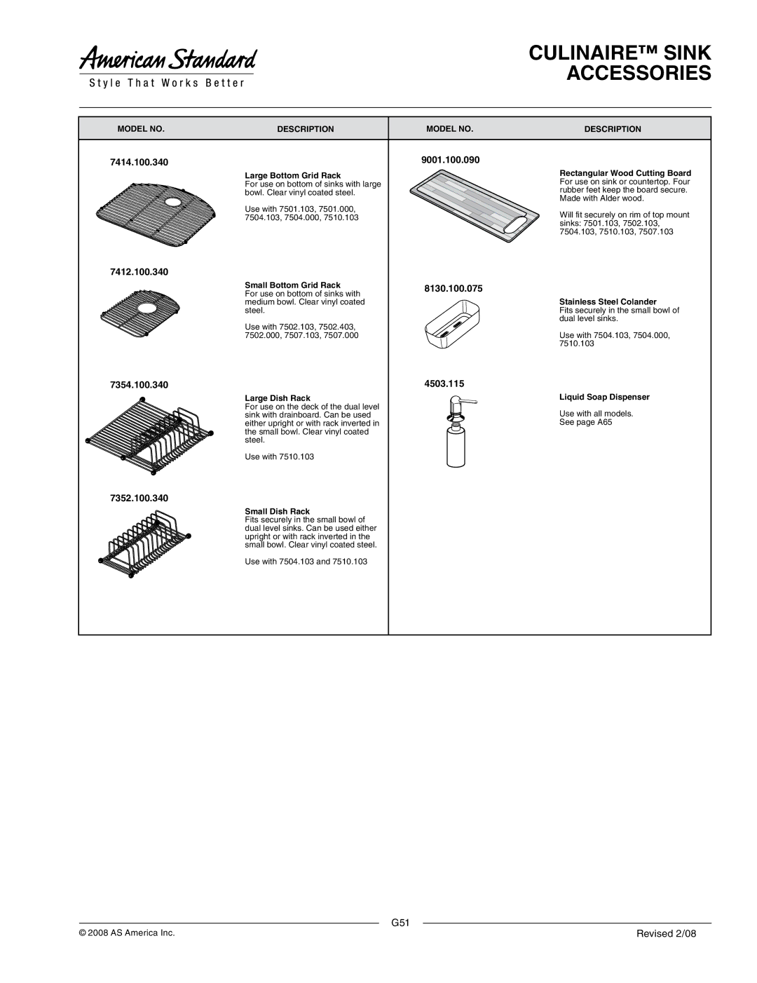 American Standard 7501.000, 7504.000, 7504.103, 7501.103, 7510.103 manual Culinaire Sink, Accessories 