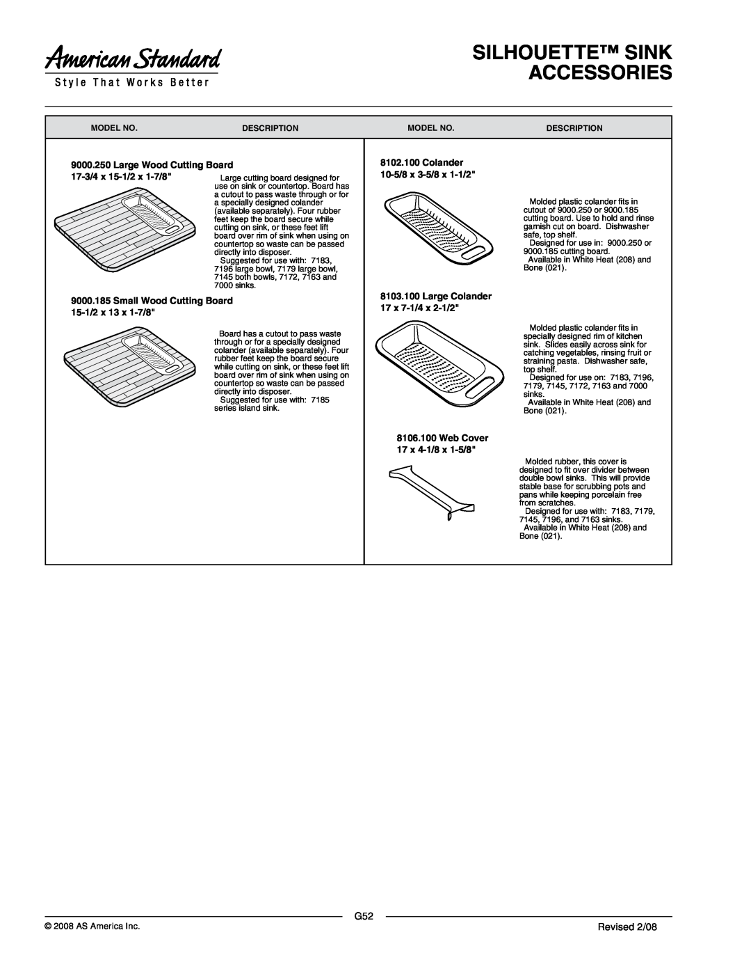 American Standard 7504.103 manual Silhouette Sink Accessories, Small Wood Cutting Board, 15-1/2x 13 x 1-7/8, Revised 2/08 