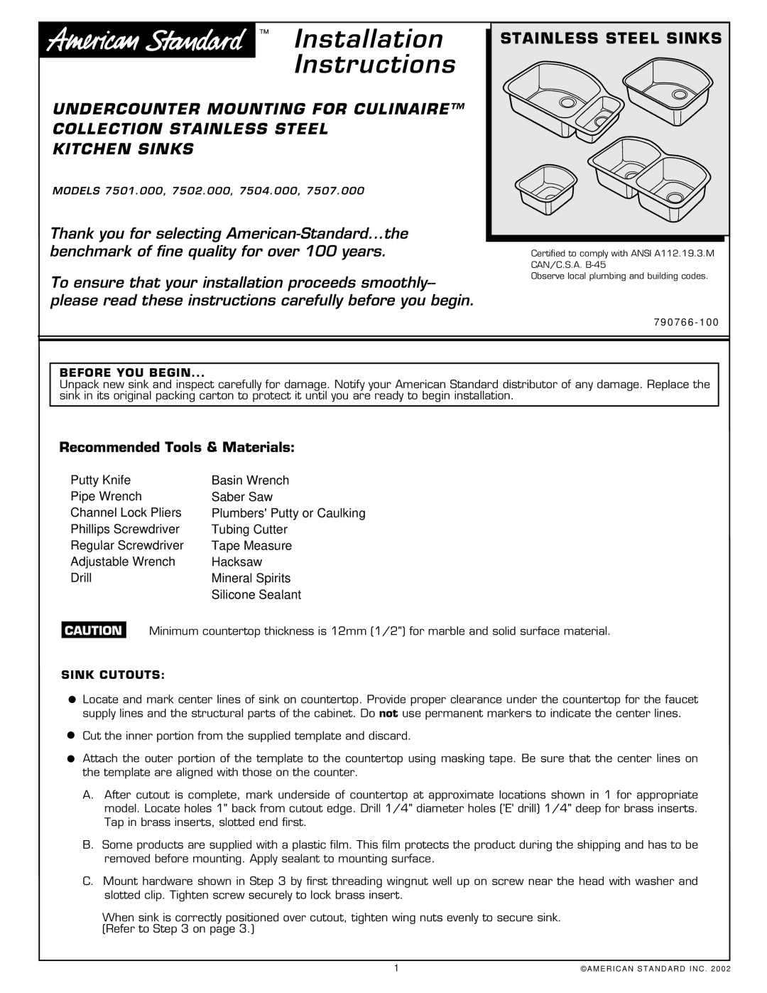 American Standard 7502.00 installation instructions Recommended Tools & Materials, Before YOU Begin, Sink Cutouts 