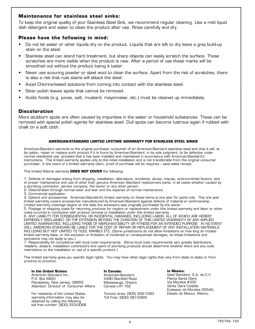 American Standard 7507.000 Maintenance for stainless steel sinks, Please have the following in mind, Discoloration 