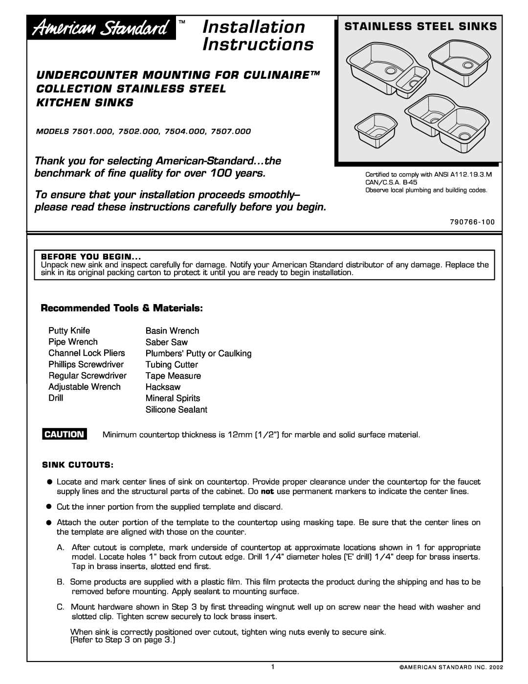 American Standard 7502.00 installation instructions Installation Instructions, Kitchen Sinks, Stainless Steel Sinks 