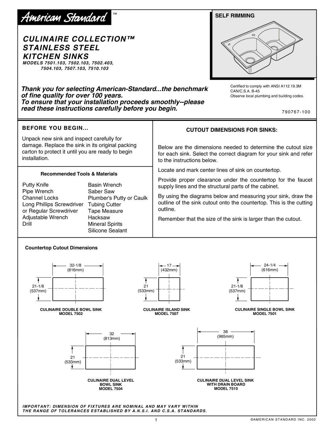 American Standard 7502.103, 7507.103, 7502.403, 790767-100 dimensions Culinaire Collection Stainless Steel Kitchen Sinks 