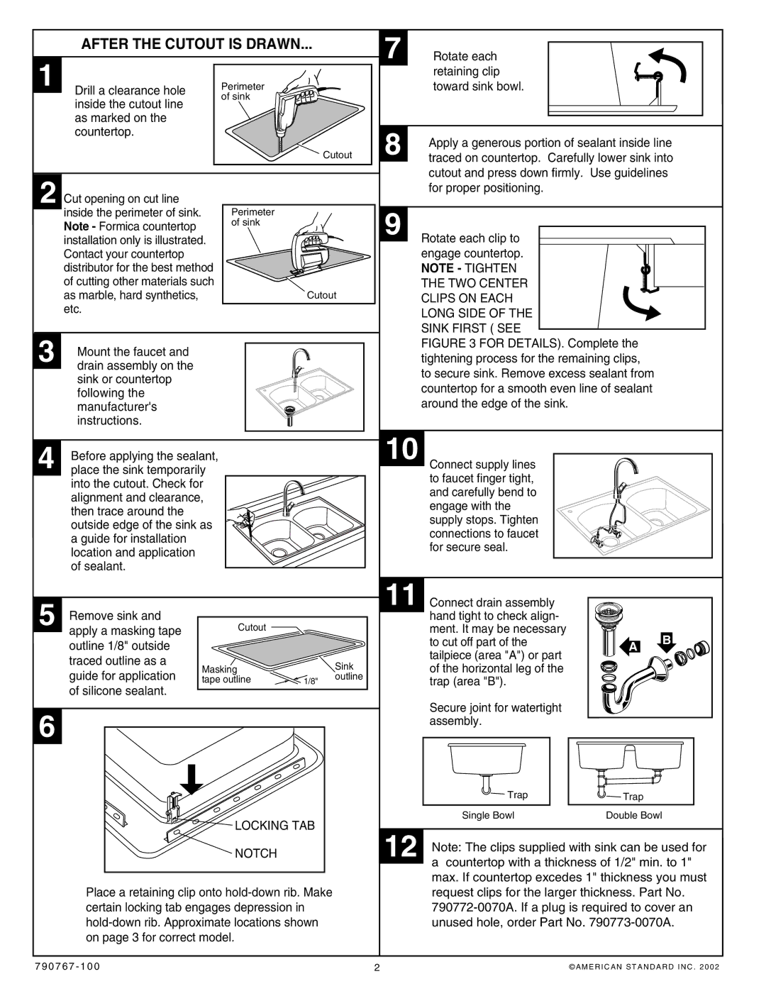 American Standard 7502.403, 7507.103, 7502.103, 790767-100 dimensions After the Cutout is Drawn, As marked on Countertop 