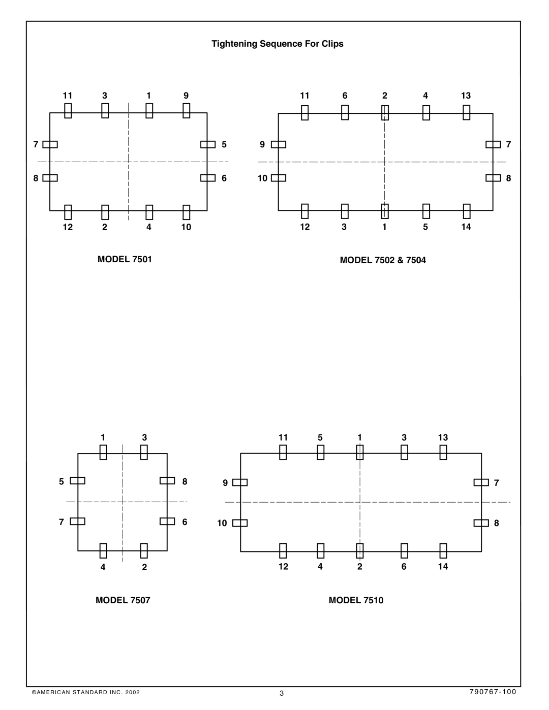 American Standard 790767-100, 7507.103, 7502.103, 7502.403 dimensions Tightening Sequence For Clips Model Model 7502 