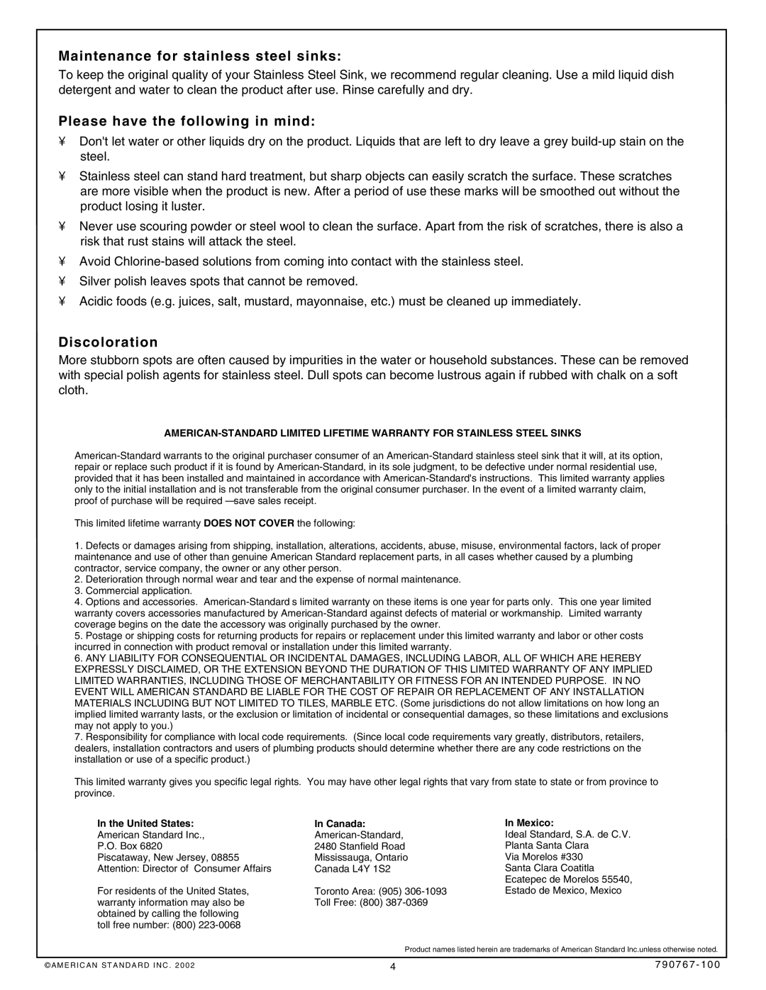 American Standard 7507.103 Maintenance for stainless steel sinks, Please have the following in mind, Discoloration 