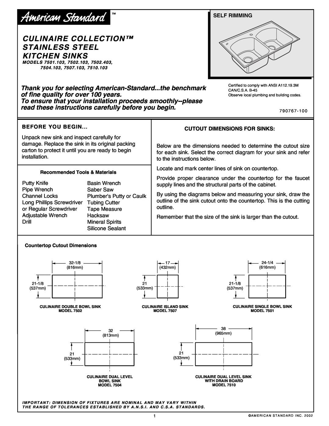 American Standard 7502.103, 7507.103, 7502.403 dimensions Self Rimming, Before You Begin, Cutout Dimensions For Sinks 