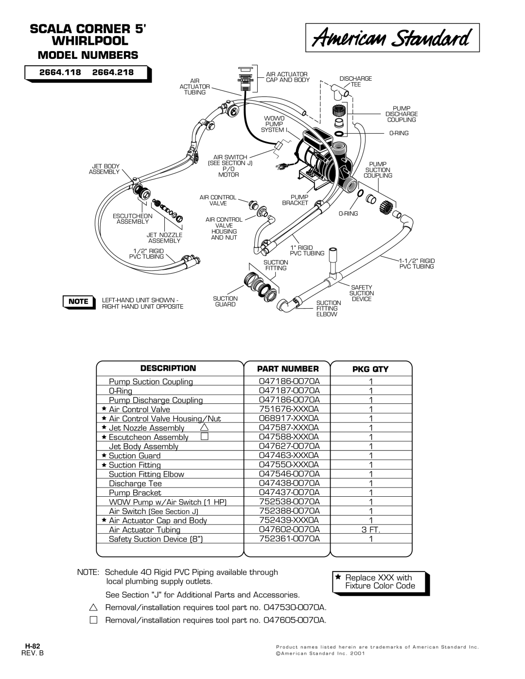 American Standard 751676-XXX0A manual Scala Corner Whirlpool, Model Numbers, 2664.118 2664.218, Rev. B 