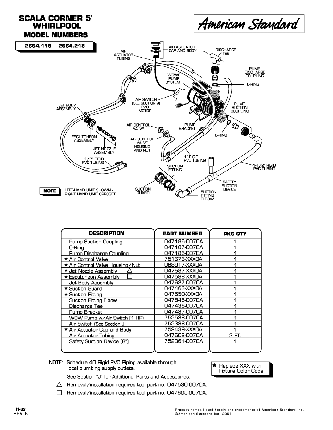American Standard 751676-XXX0A manual Scala Corner Whirlpool, Model Numbers, 2664.118, 2664.218, Description, Part Number 