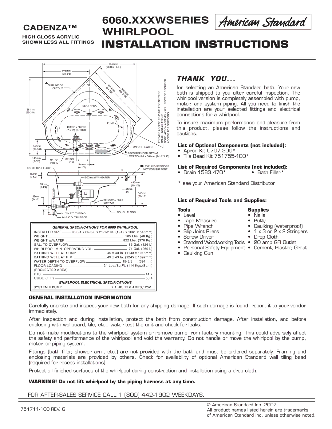 American Standard 751711-100 installation instructions List of Optional Components not included, Tools Supplies 