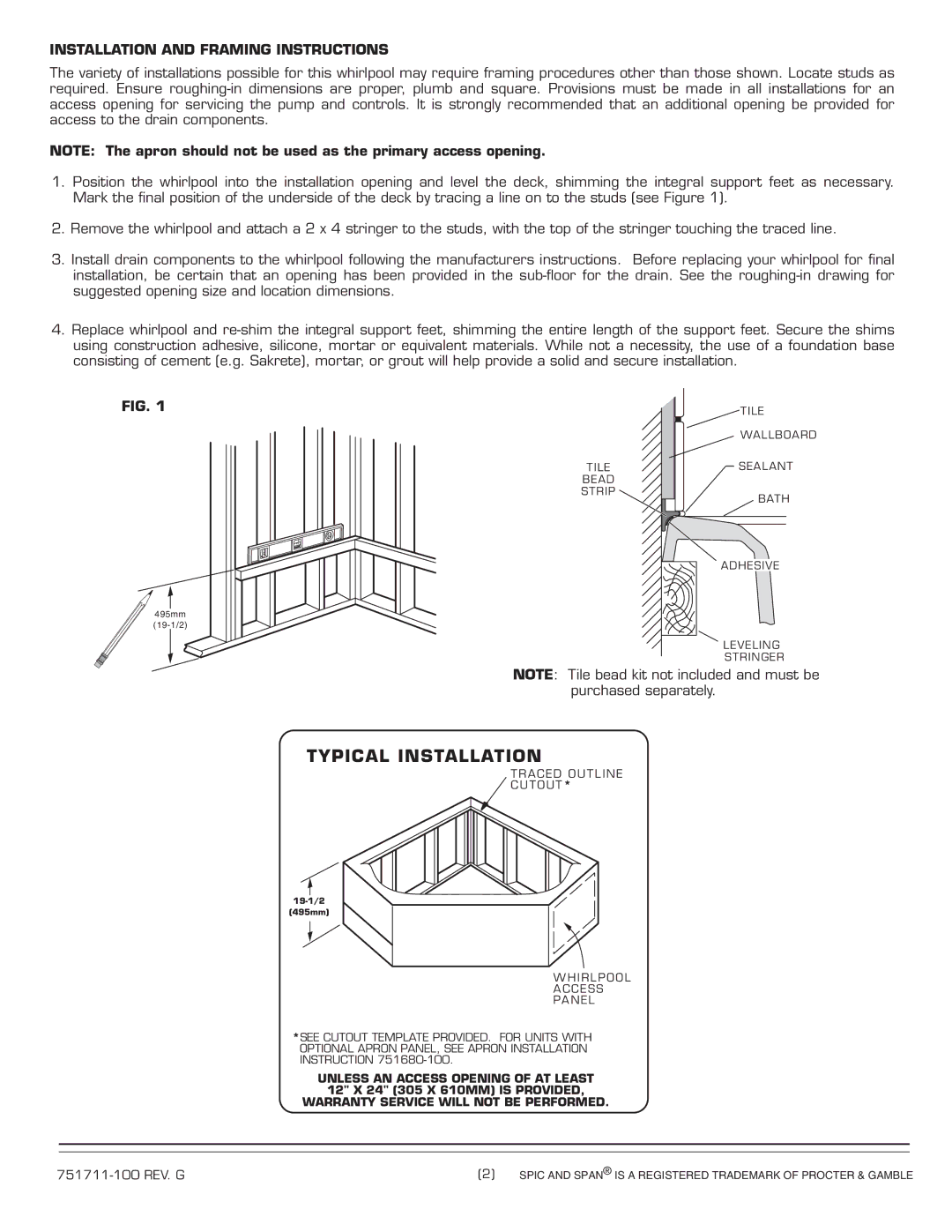 American Standard 751711-100 installation instructions Typical Installation, Installation and Framing Instructions 