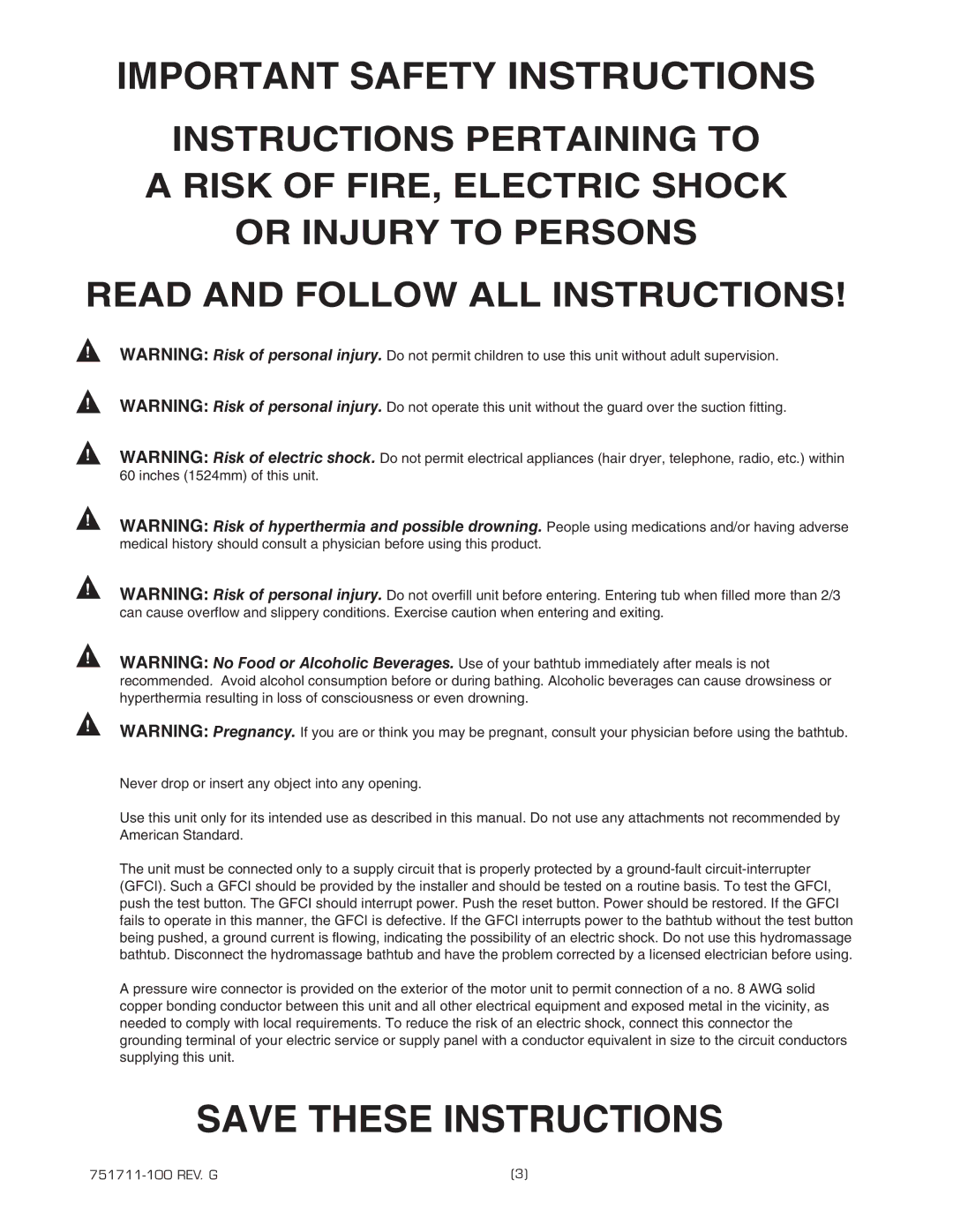 American Standard 751711-100 installation instructions Important Safety Instructions 