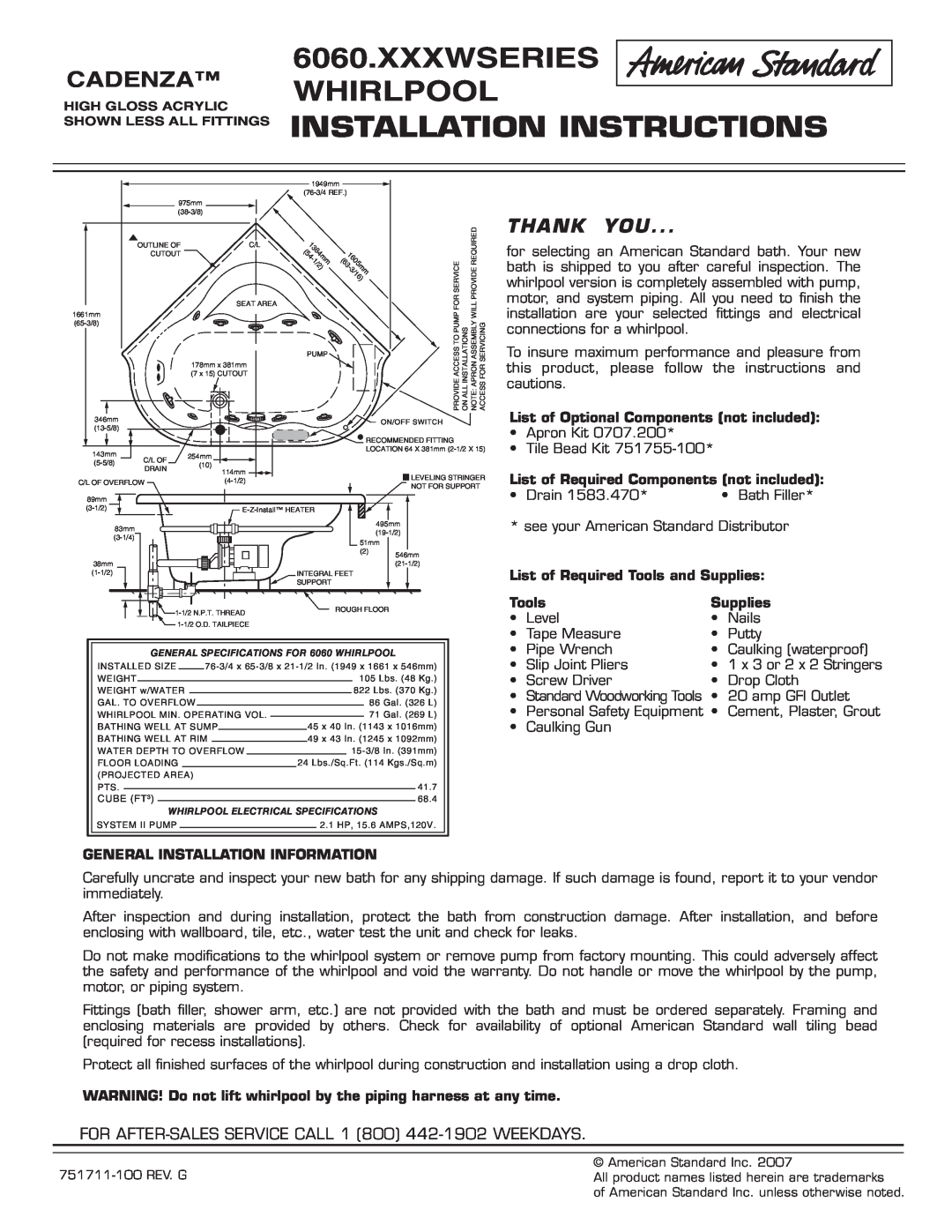 American Standard 751711-100 installation instructions Xxxwseries Whirlpool Installation Instructions, Cadenza, Thank You 