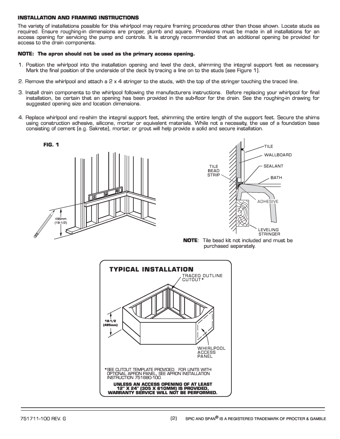 American Standard 751711-100 installation instructions Typical Installation, Installation And Framing Instructions 